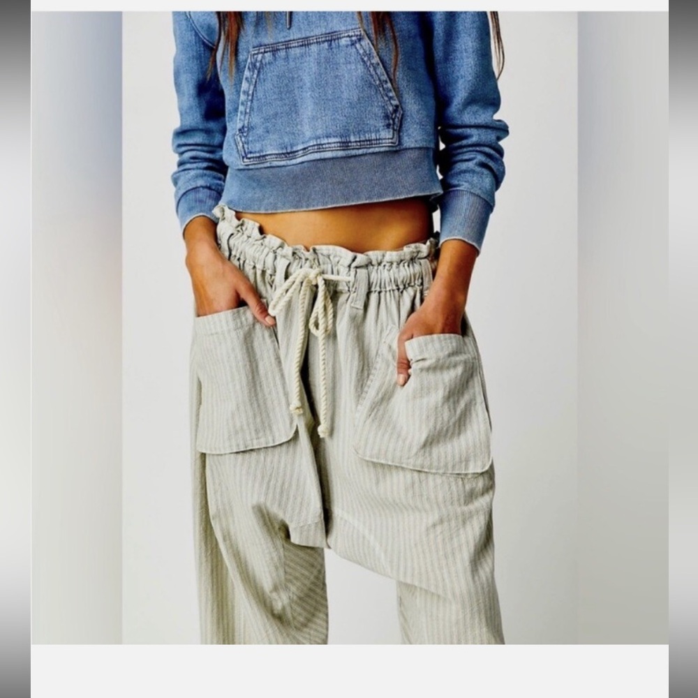Free People Runyon Oversize Stripe Pant Harem Pale Blue Drawstring Size XS - Picture 4 of 10